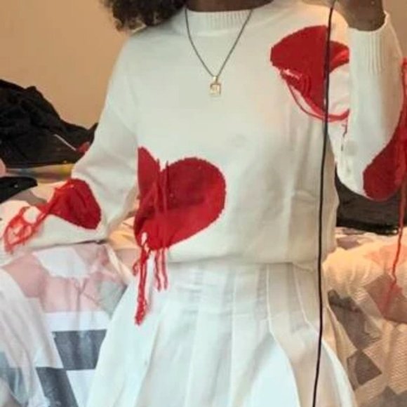 Love One Another Heart Pattern Fringe Trim Sweater - Picture 9 of 9